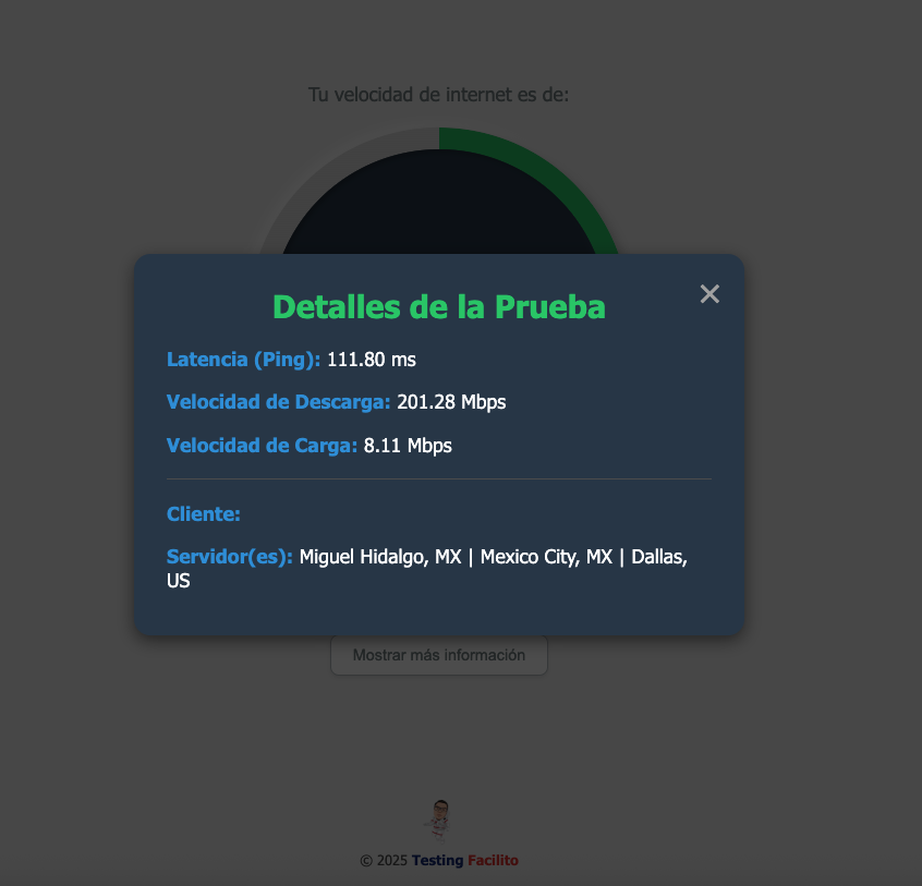 Resultados de una prueba de velocidad mostrando descarga, subida y ping